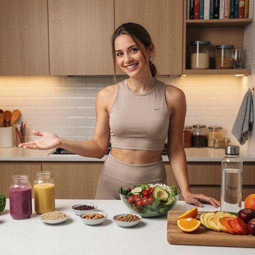 Una mujer sonriente sosteniendo un batido verde en una mano mientras hace yoga con la otra.